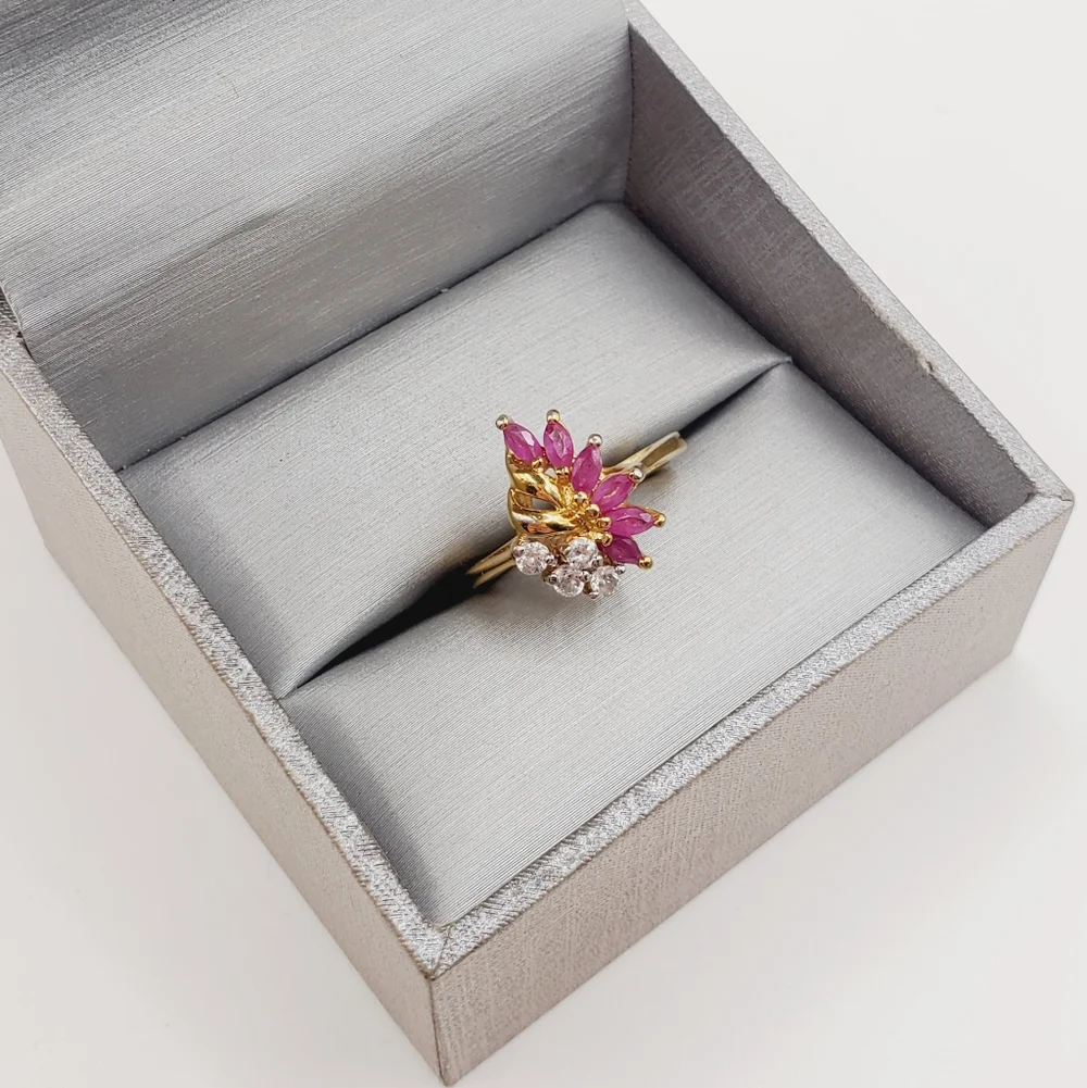 Genuine Marquise Pink Ruby - Simulated Diamonds - 18k Yellow Gold Plated Ring